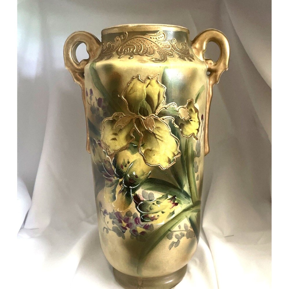 Antique Nippon Vase Heavy Guild Hand Painted Old Stunning Double Handle 10 In